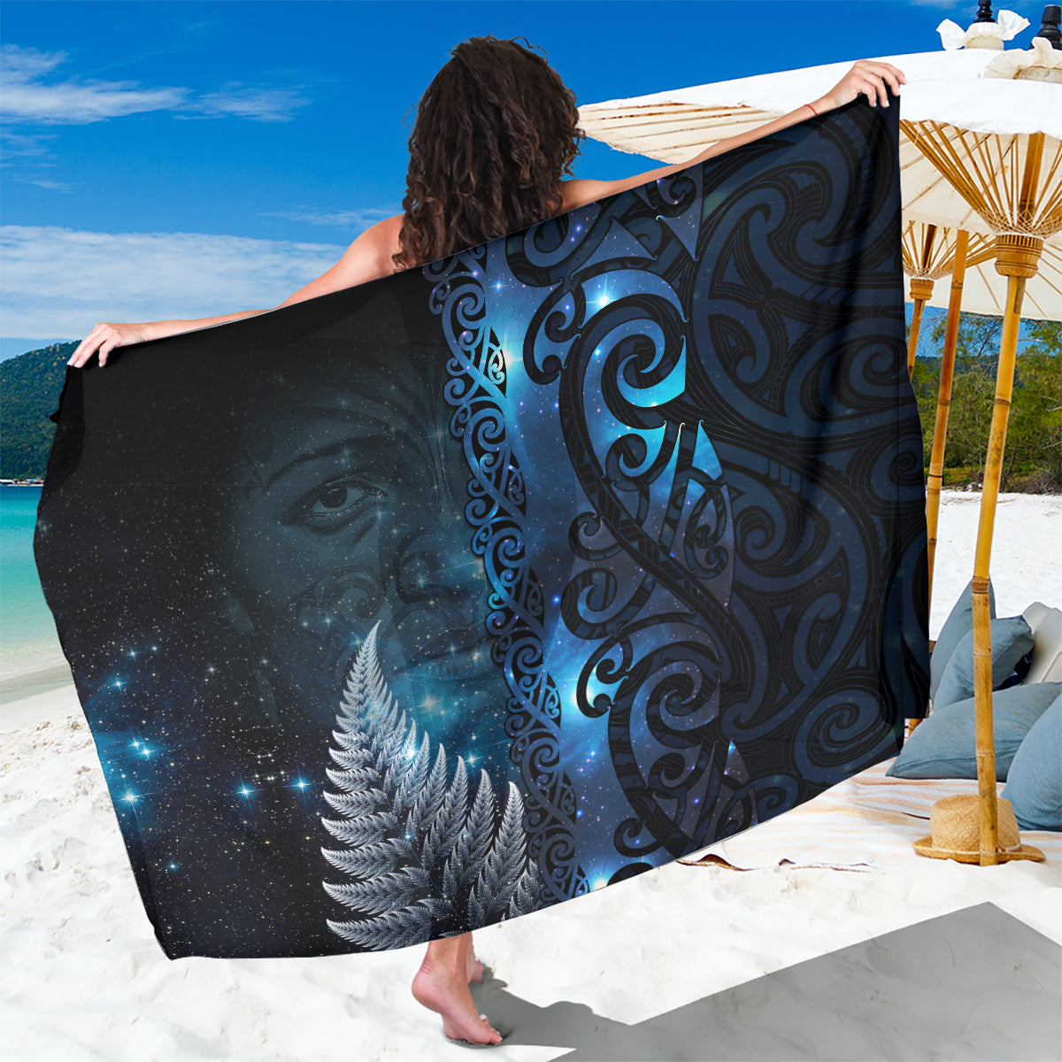 New Zealand Matariki Sarong The Tribal Maori Face and Silver Fern LT03 One Size 44 x 66 inches Blue - Polynesian Pride