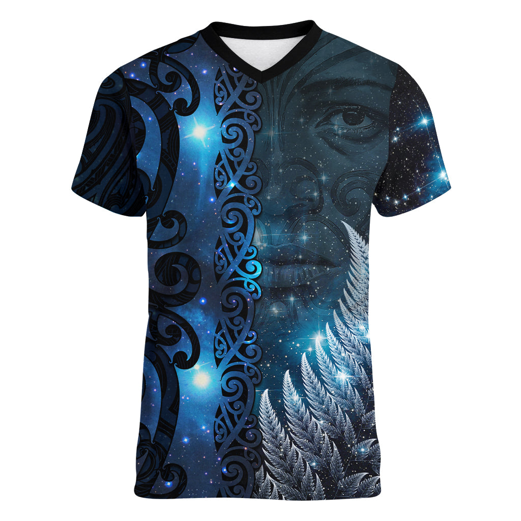 New Zealand Matariki Women V-Neck T-Shirt The Tribal Maori Face and Silver Fern