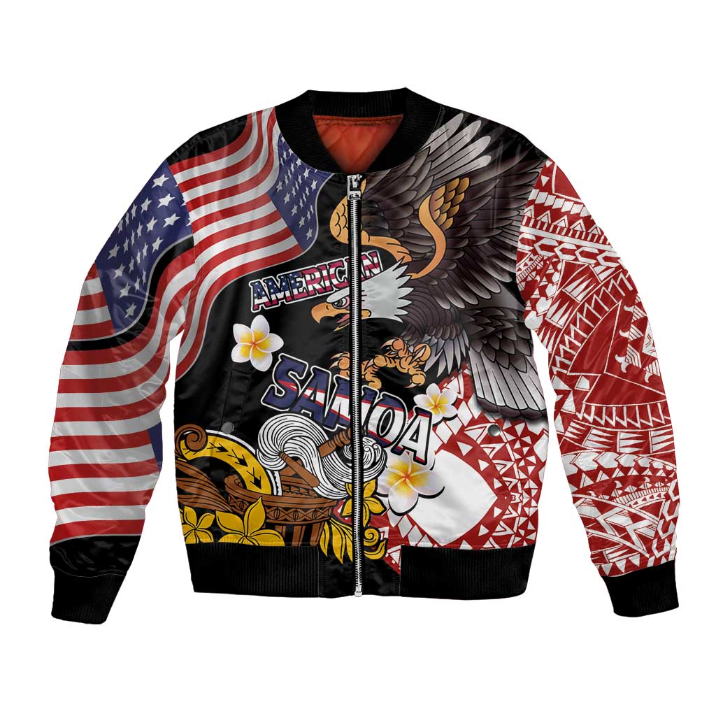 United States and American Samoa Together Bomber Jacket Bald Eagle and Polynesian Traditional Culture with Plumeria LT03 Unisex Black - Polynesian Pride