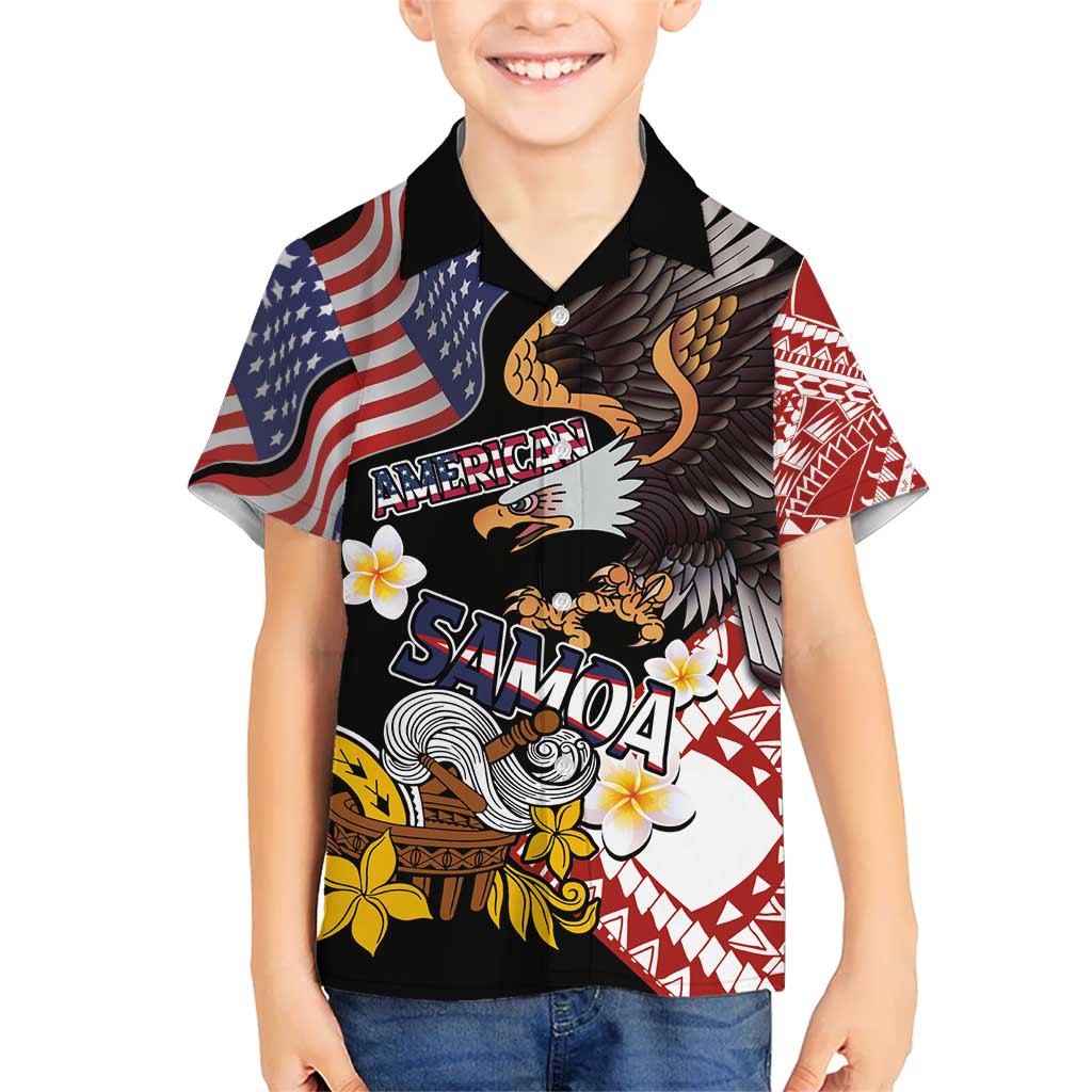 United States and American Samoa Together Kid Hawaiian Shirt Bald Eagle and Polynesian Traditional Culture with Plumeria LT03 Kid Black - Polynesian Pride