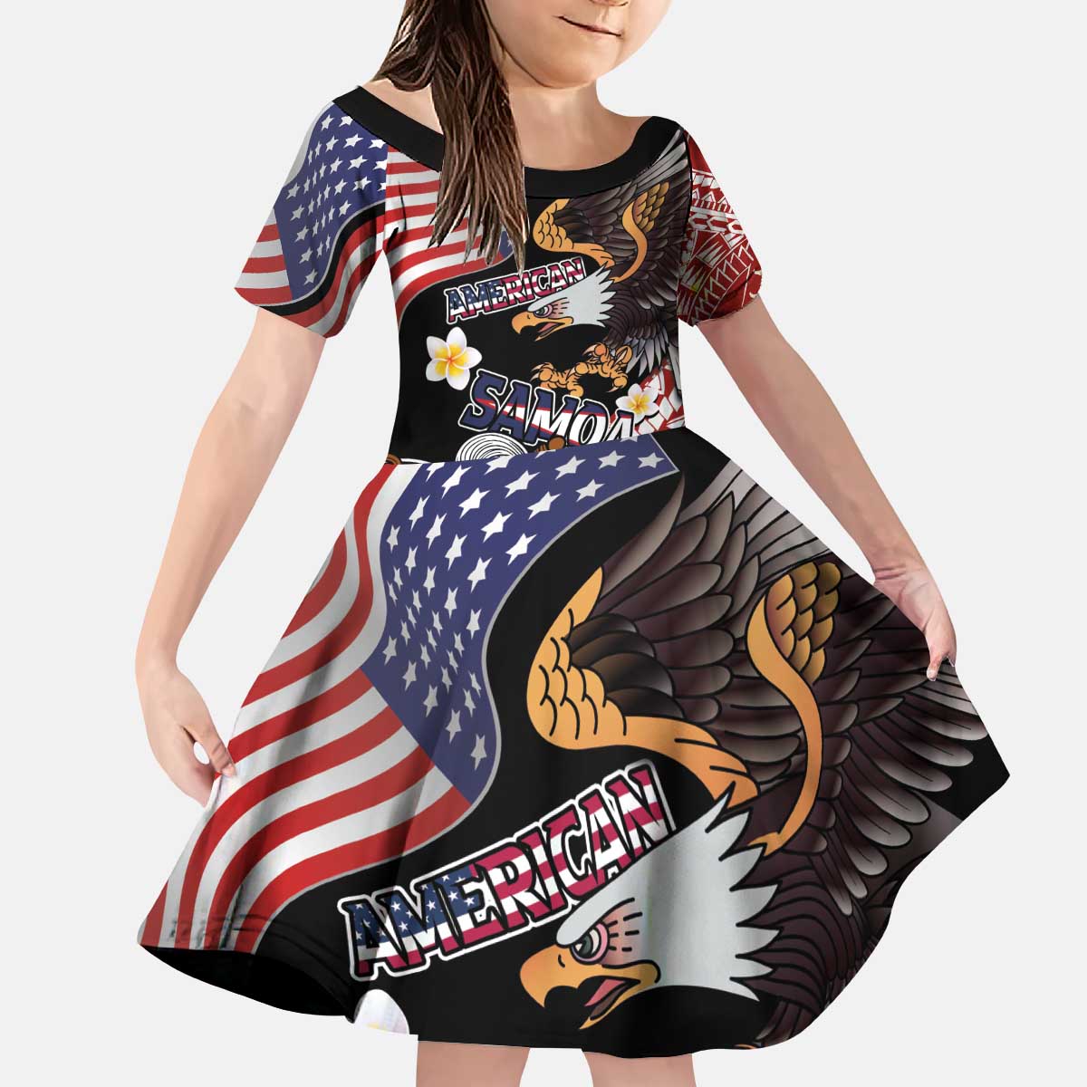 United States and American Samoa Together Kid Short Sleeve Dress Bald Eagle and Polynesian Traditional Culture with Plumeria LT03 KID Black - Polynesian Pride