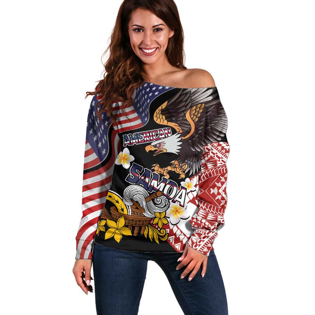 United States and American Samoa Together Off Shoulder Sweater Bald Eagle and Polynesian Traditional Culture with Plumeria LT03 Women Black - Polynesian Pride