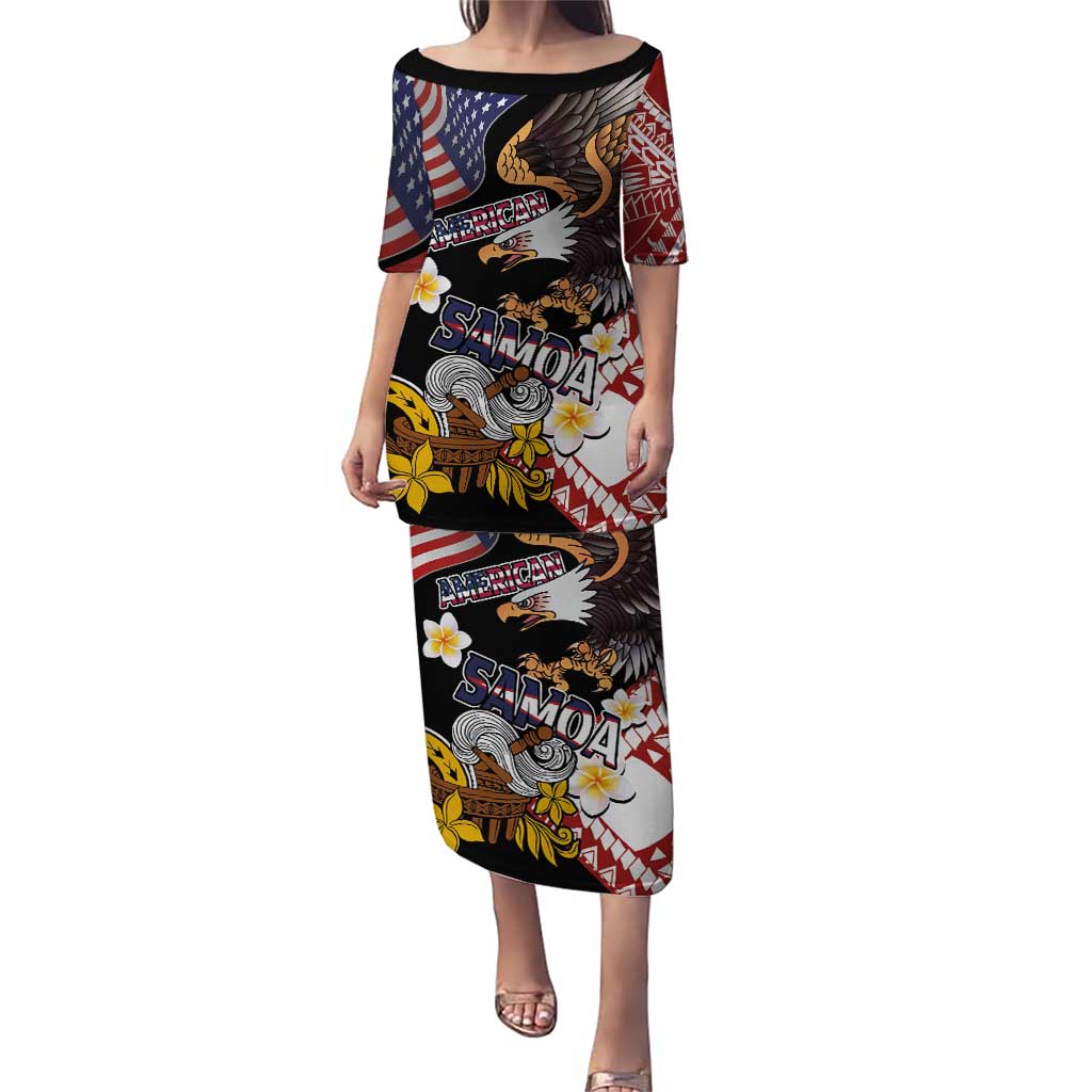 United States and American Samoa Together Puletasi Bald Eagle and Polynesian Traditional Culture with Plumeria LT03 Long Dress Black - Polynesian Pride