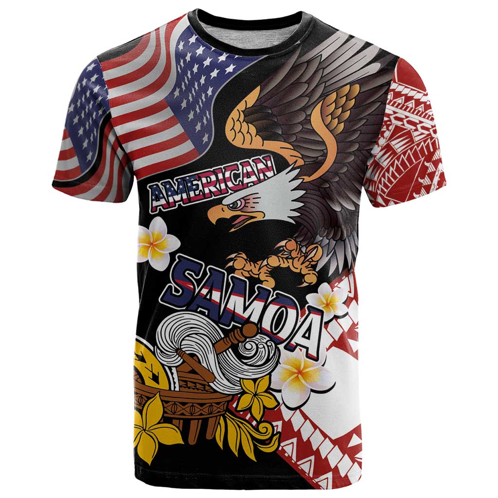 United States and American Samoa Together T Shirt Bald Eagle and Polynesian Traditional Culture with Plumeria LT03 Black - Polynesian Pride