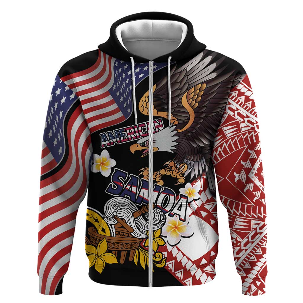 United States and American Samoa Together Zip Hoodie Bald Eagle and Polynesian Traditional Culture with Plumeria LT03 Zip Hoodie Black - Polynesian Pride