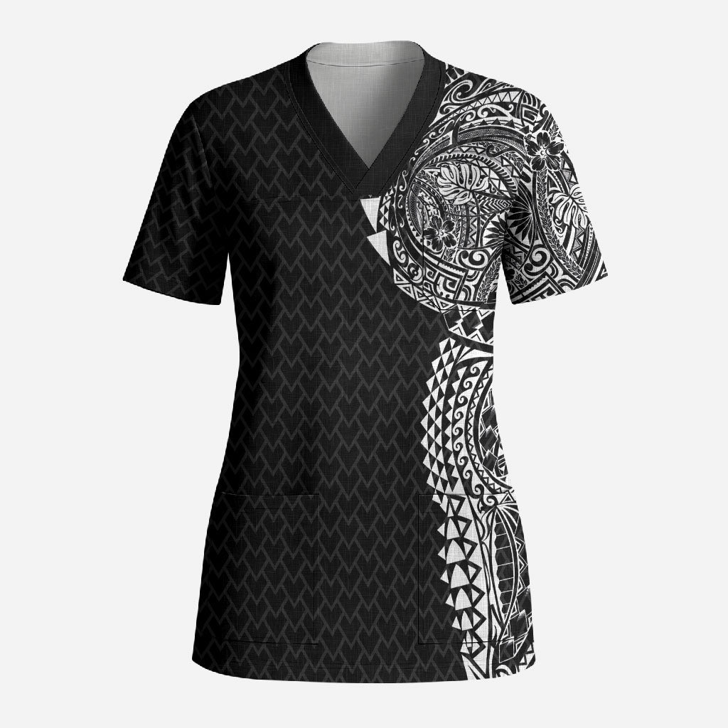 Hawaiian Traditional Tattoos Scrub Top Kakau Tribal Tropical Plant Motif Black Color LT03 Adult Black - Polynesian Pride