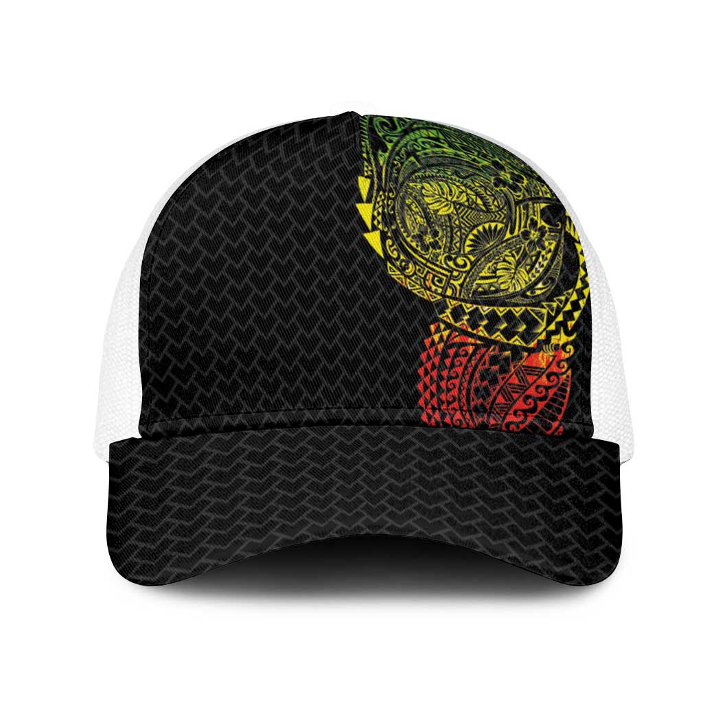 Hawaiian Traditional Tattoos Mesh Trucker Cap Kakau Tribal Tropical Plants Motif Kanaka Maoli Flag Color Inspired LT03 One Size White Multicolor - Polynesian Pride