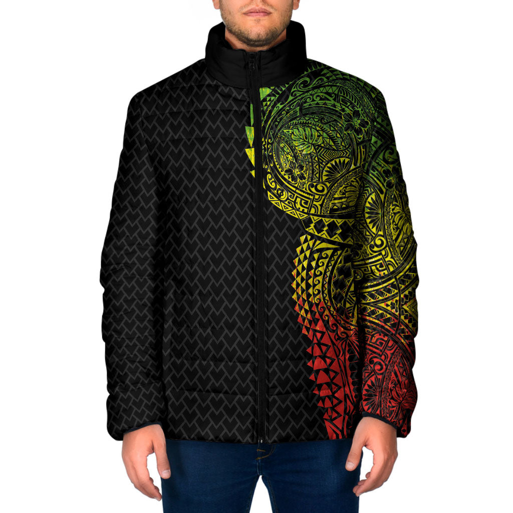 Hawaiian Traditional Tattoos Padded Jacket Kakau Tribal Tropical Plant Motif Kanaka Maoli Flag Color Inspired LT03 Men Multicolor - Polynesian Pride