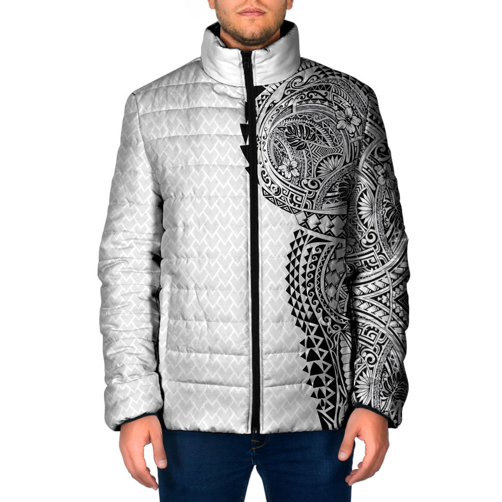 Hawaiian Traditional Tattoos Padded Jacket Kakau Tribal Tropical Plant Motif White Color LT03 Men White - Polynesian Pride