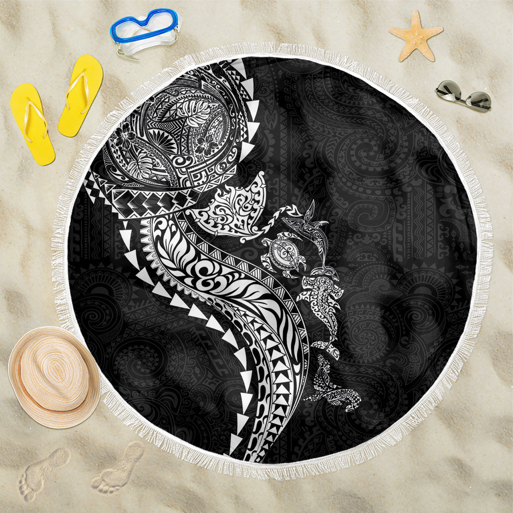 Hawaiian Kakau Tribal Sea Animals Tattoos Beach Blanket Black Color LT03 One Size 150cm Black - Polynesian Pride