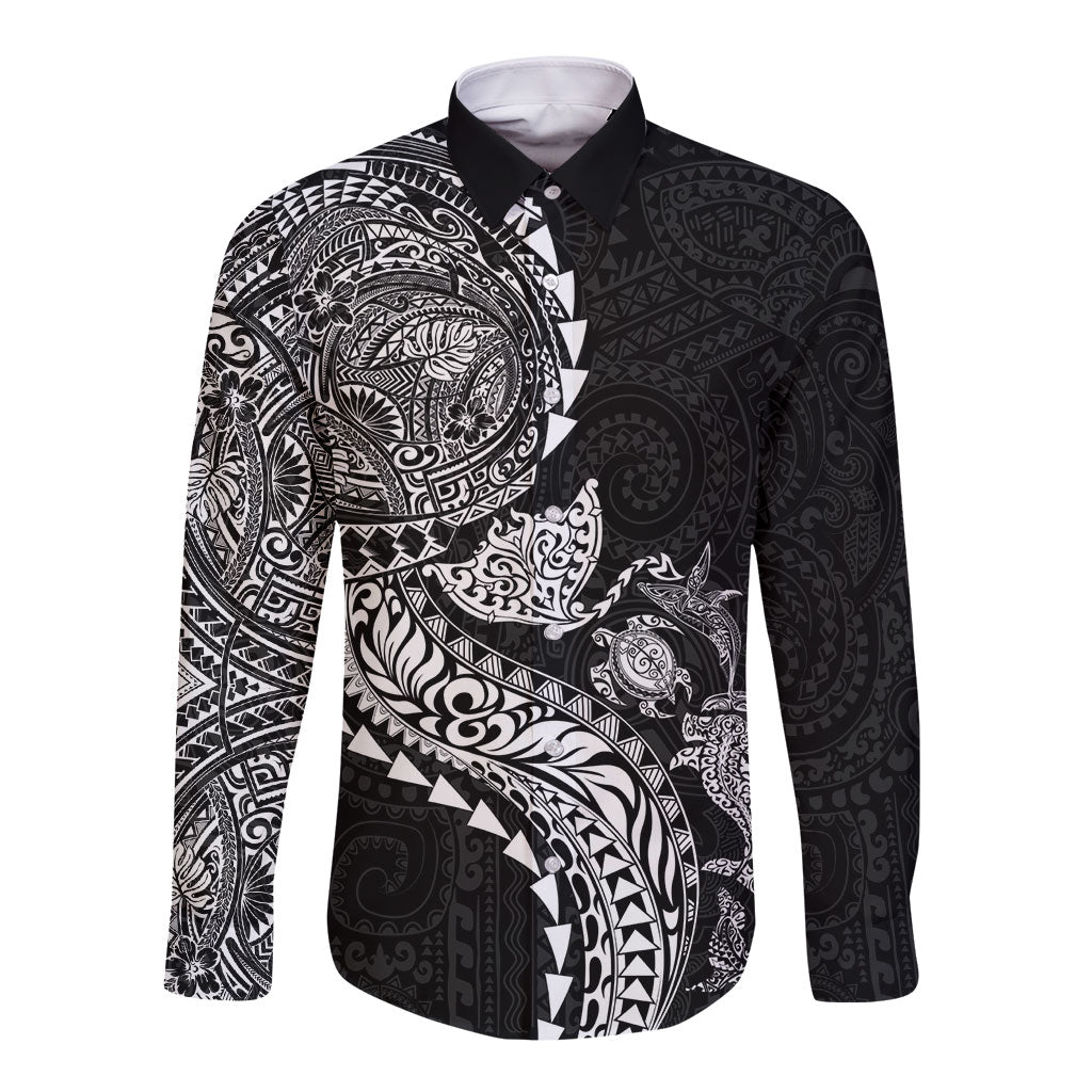 Hawaiian Kakau Tribal Sea Animals Tattoos Long Sleeve Button Shirt Black Color LT03 Unisex Black - Polynesian Pride