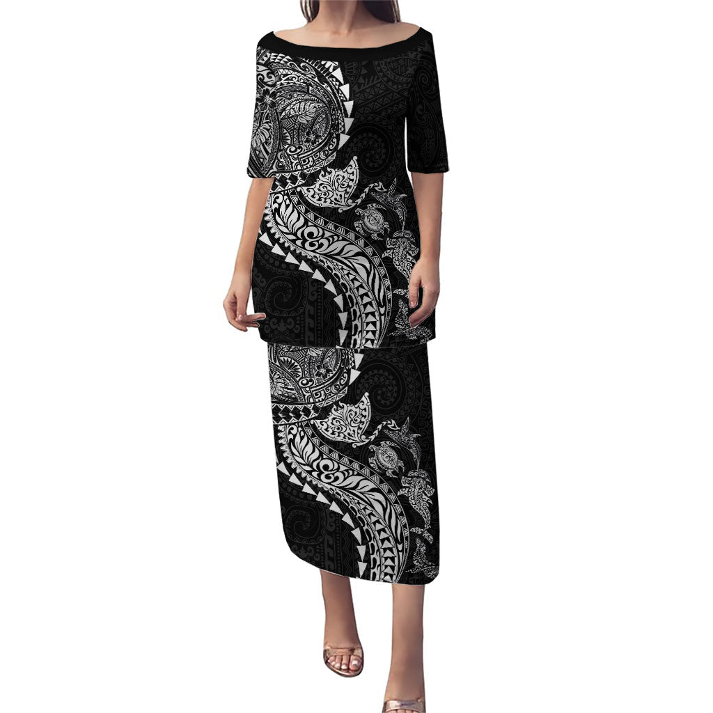Hawaiian Kakau Tribal Sea Animals Tattoos Puletasi Black Color LT03 Long Dress Black - Polynesian Pride
