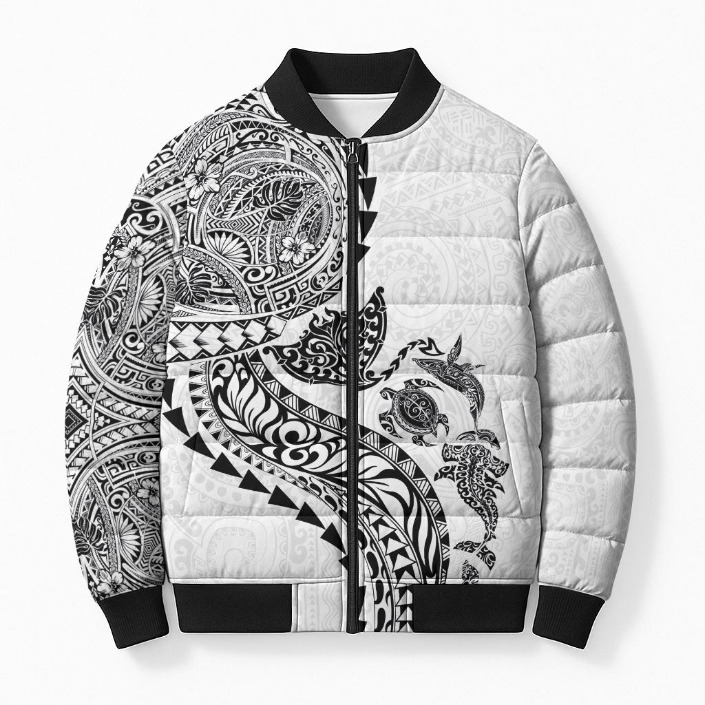 Hawaiian Kakau Tribal Sea Animals Tattoos Bomber Puffer Jacket White Color LT03 Unisex White - Polynesian Pride