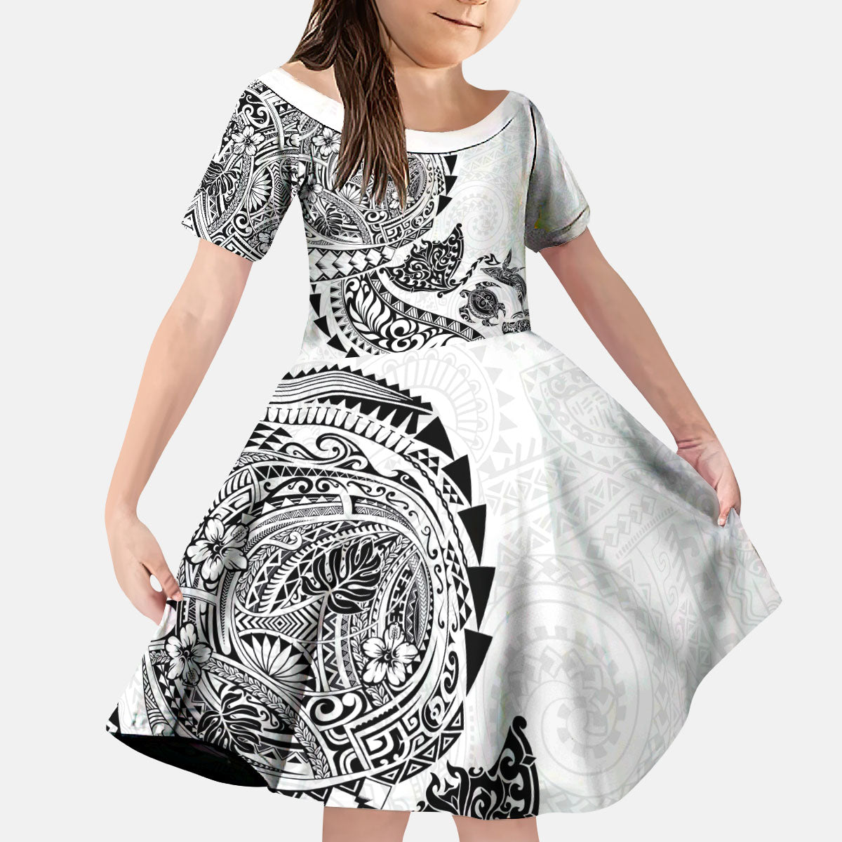 Hawaiian Kakau Tribal Sea Animals Tattoos Kid Short Sleeve Dress White Color LT03 KID White - Polynesian Pride
