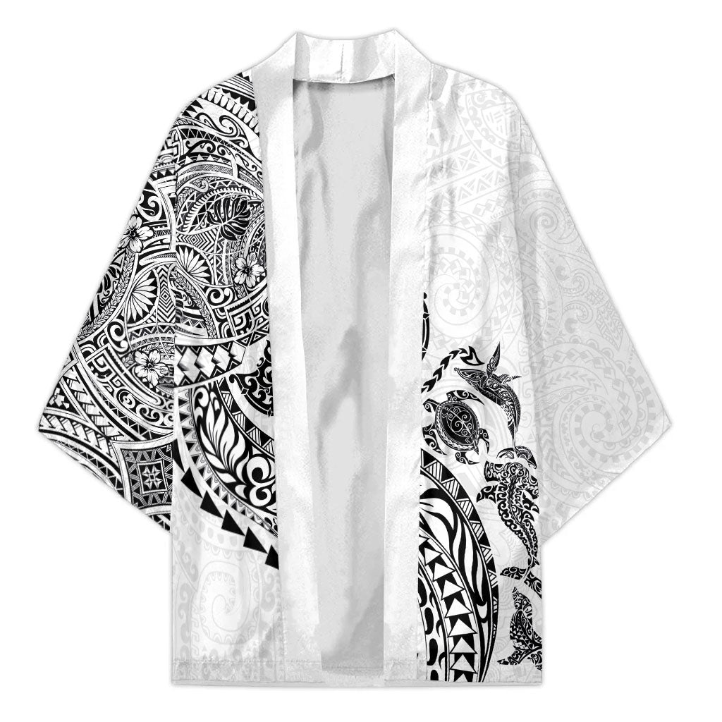 Hawaiian Kakau Tribal Sea Animals Tattoos Kimono White Color LT03 Unisex White - Polynesian Pride