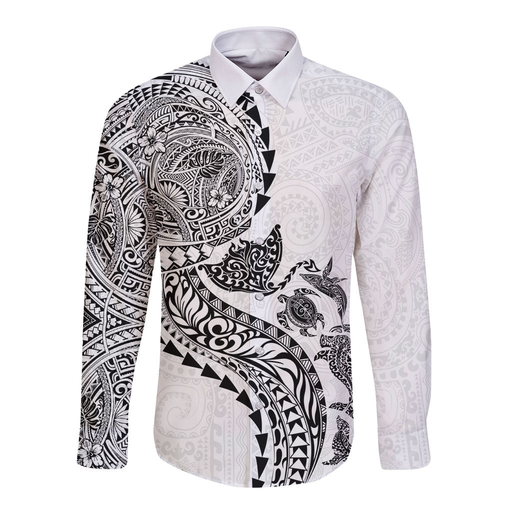 Hawaiian Kakau Tribal Sea Animals Tattoos Long Sleeve Button Shirt White Color LT03 Unisex White - Polynesian Pride