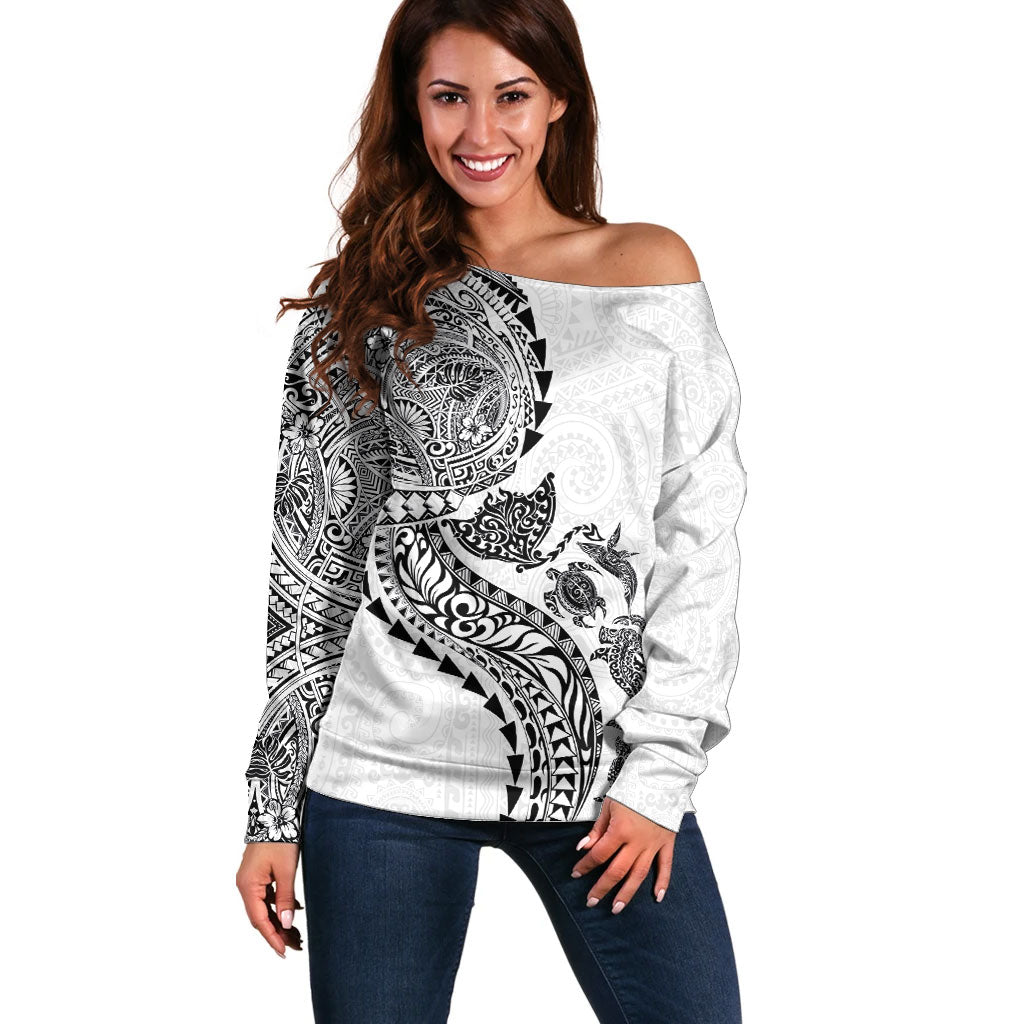 Hawaiian Kakau Tribal Sea Animals Tattoos Off Shoulder Sweater White Color LT03 Women White - Polynesian Pride