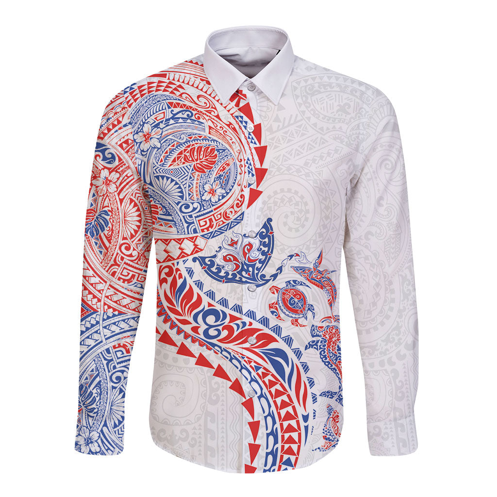 Hawaiian Kakau Tribal Sea Animals Tattoos Long Sleeve Button Shirt Hawaii Flag Color Inspired LT03 Unisex Multicolor - Polynesian Pride