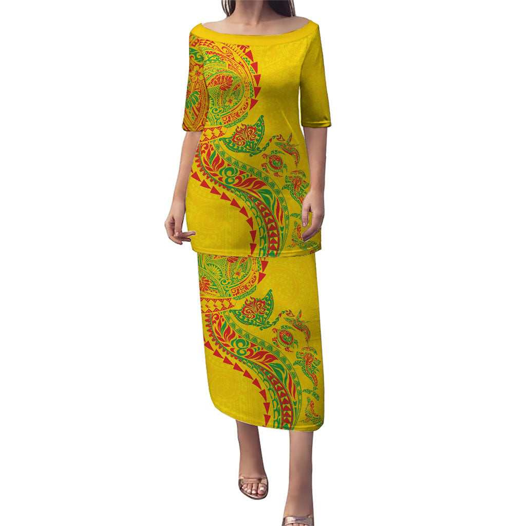 Hawaiian Kakau Tribal Sea Animals Tattoos Puletasi Kanaka Maoli Flag Color Inspired LT03 Long Dress Multicolor - Polynesian Pride