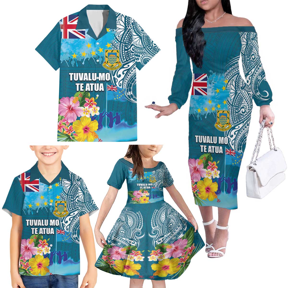 Personalised Tuvalu Independence Day Family Matching Off The Shoulder Long Sleeve Dress and Hawaiian Shirt Tuvaluan Tribal Flag Style
