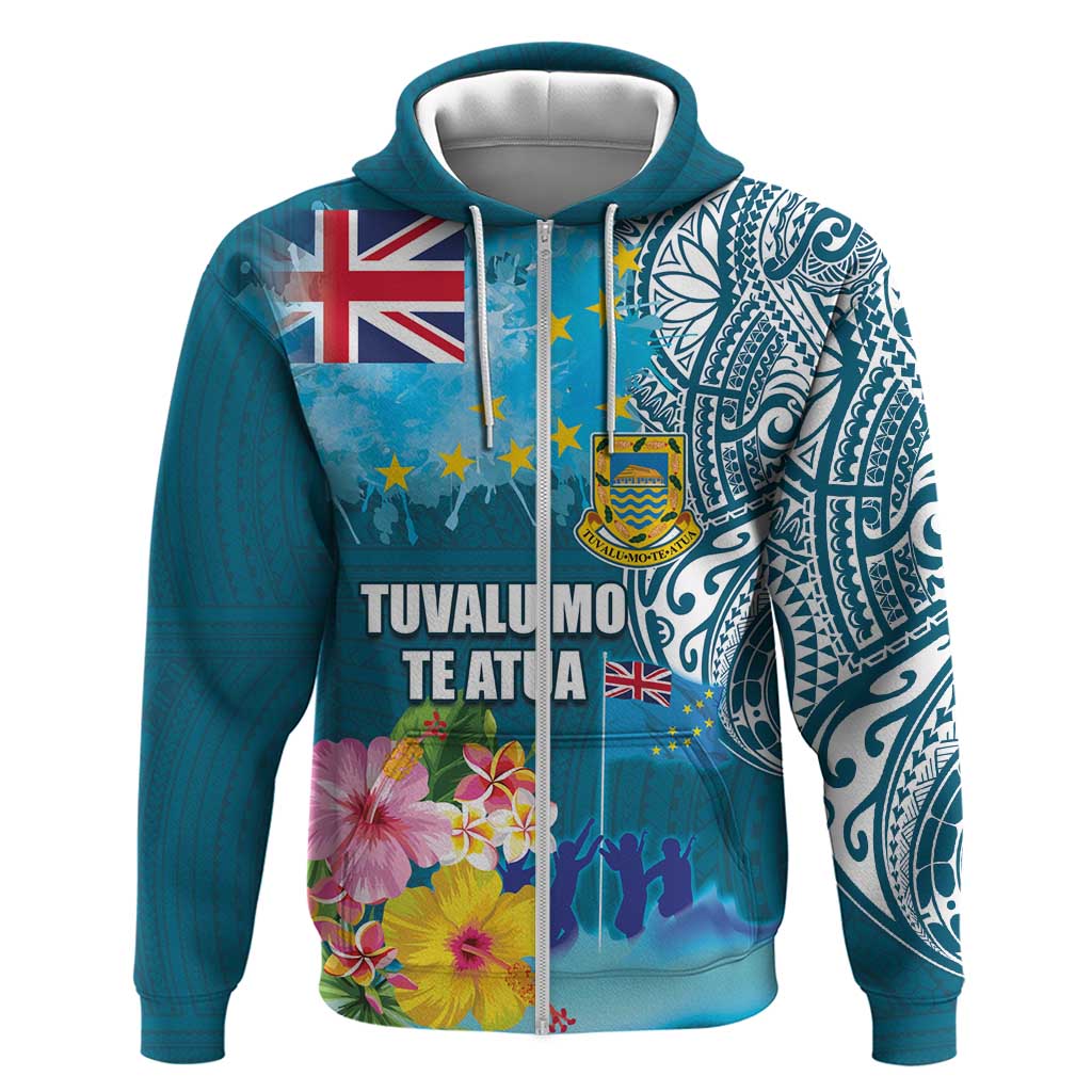 Personalised Tuvalu Independence Day Hoodie Tuvaluan Tribal Flag Style LT03 Zip Hoodie Turquoise - Polynesian Pride