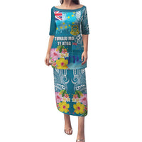 Personalised Tuvalu Independence Day Puletasi Tuvaluan Tribal Flag Style LT03 Long Dress Turquoise - Polynesian Pride
