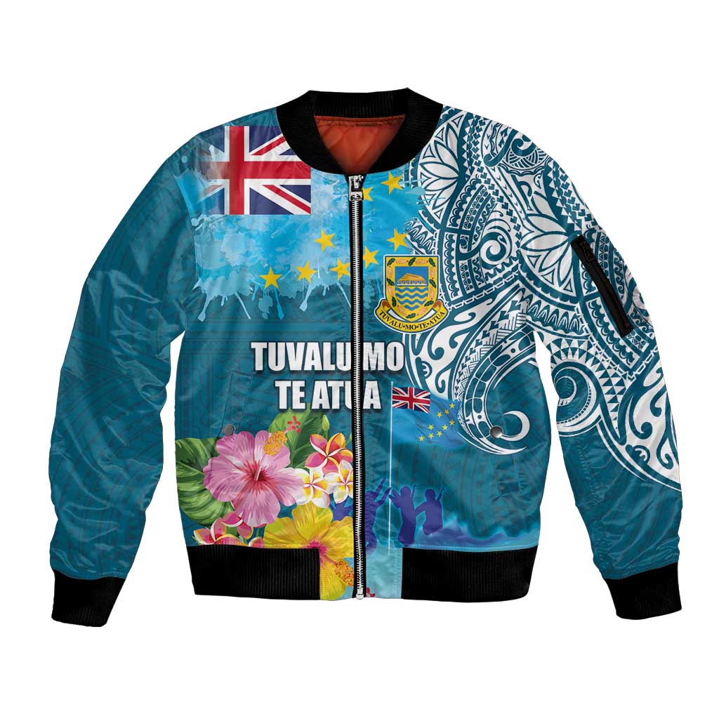 Personalised Tuvalu Independence Day Sleeve Zip Bomber Jacket Tuvaluan Tribal Flag Style LT03 Unisex Turquoise - Polynesian Pride