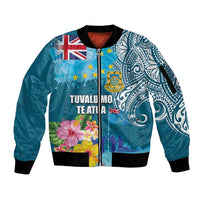 Personalised Tuvalu Independence Day Sleeve Zip Bomber Jacket Tuvaluan Tribal Flag Style LT03 Unisex Turquoise - Polynesian Pride