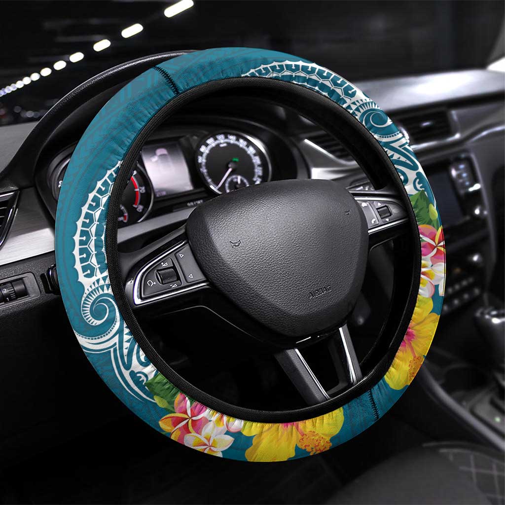 Tuvalu Independence Day Steering Wheel Cover Tuvaluan Tribal Flag Style LT03 Universal Fit Turquoise - Polynesian Pride