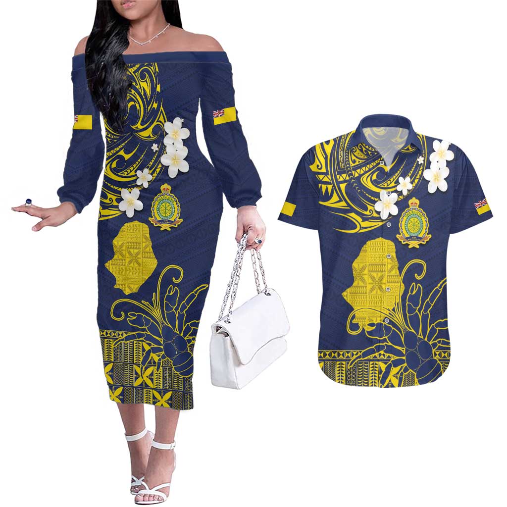 Niue Independence Day Couples Matching Off The Shoulder Long Sleeve Dress and Hawaiian Shirt Hiapo Pattern Fiti Pua and Uga