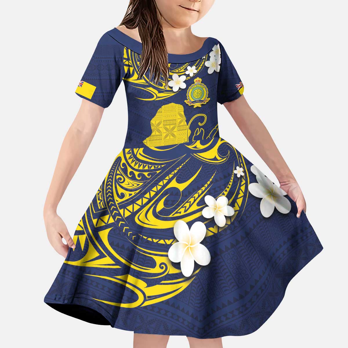 Niue Independence Day Kid Short Sleeve Dress Hiapo Pattern Fiti Pua and Uga LT03 KID Yellow - Polynesian Pride