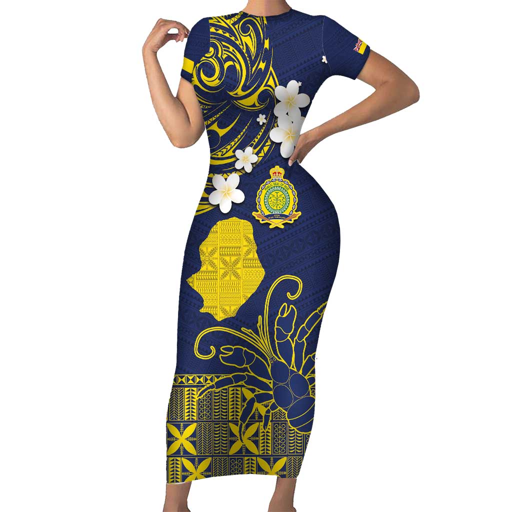 Niue Independence Day Short Sleeve Bodycon Dress Hiapo Pattern Fiti Pua and Uga LT03 Long Dress Yellow - Polynesian Pride