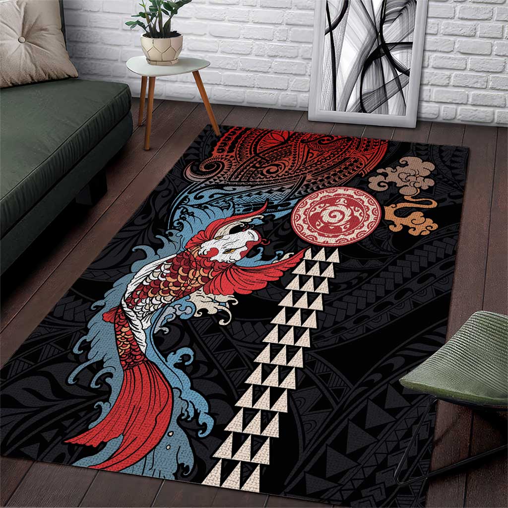 Hawaii and Japanese Together Area Rug Koi Fish and Kakau Pattern LT03 Black - Polynesian Pride