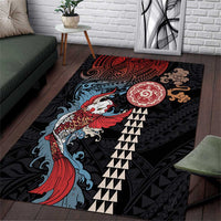 Hawaii and Japanese Together Area Rug Koi Fish and Kakau Pattern LT03 Black - Polynesian Pride