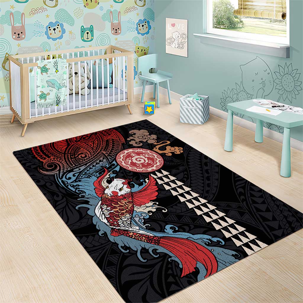 Hawaii and Japanese Together Area Rug Koi Fish and Kakau Pattern LT03 - Polynesian Pride