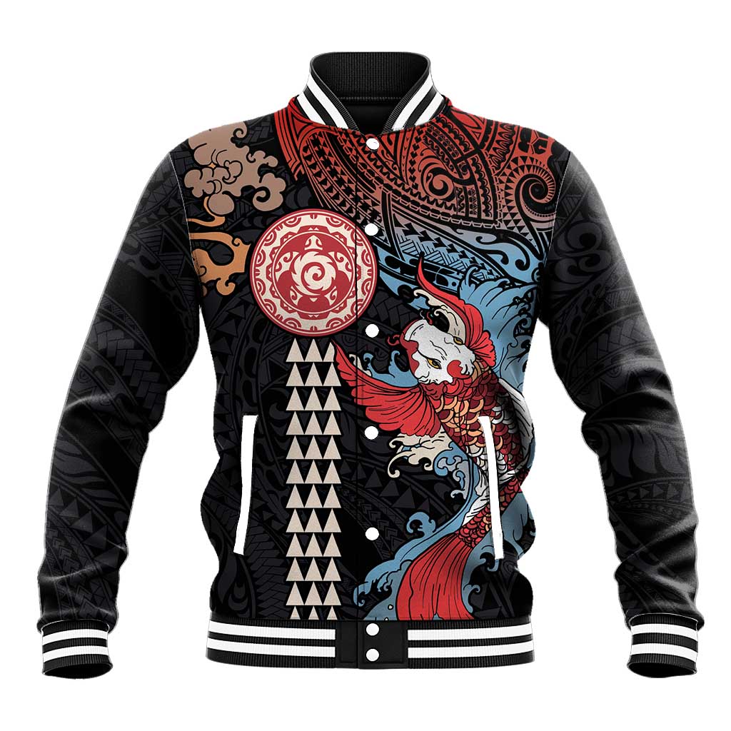 Hawaii and Japanese Together Baseball Jacket Koi Fish and Kakau Pattern LT03 Unisex Black - Polynesian Pride