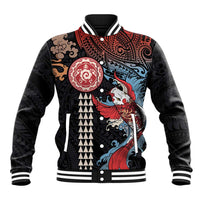 Hawaii and Japanese Together Baseball Jacket Koi Fish and Kakau Pattern LT03 Unisex Black - Polynesian Pride