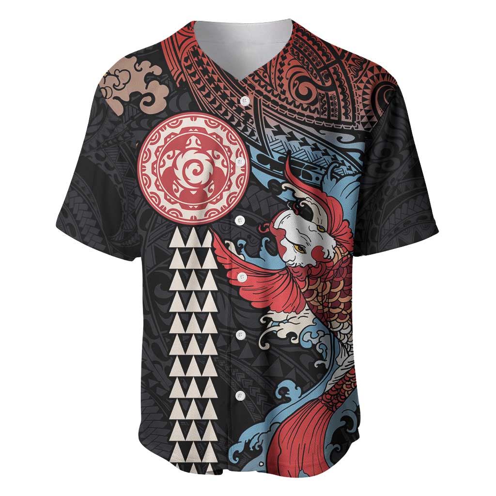 Hawaii and Japanese Together Baseball Jersey Koi Fish and Kakau Pattern LT03 Black - Polynesian Pride