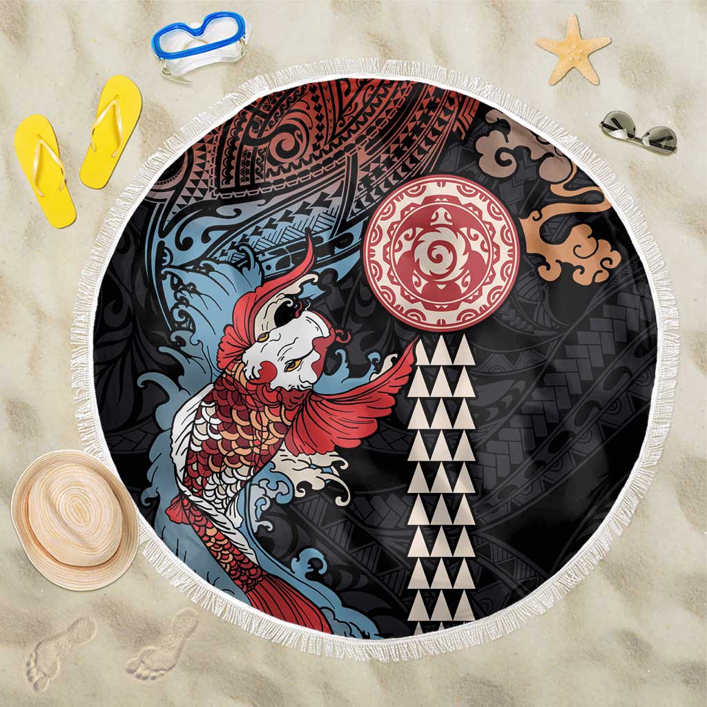 Hawaii and Japanese Together Beach Blanket Koi Fish and Kakau Pattern LT03 One Size 150cm Black - Polynesian Pride