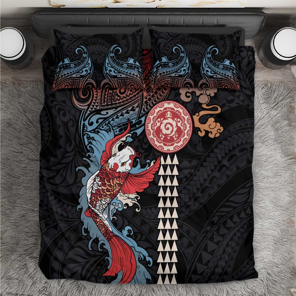 Hawaii and Japanese Together Bedding Set Koi Fish and Kakau Pattern LT03 Black - Polynesian Pride