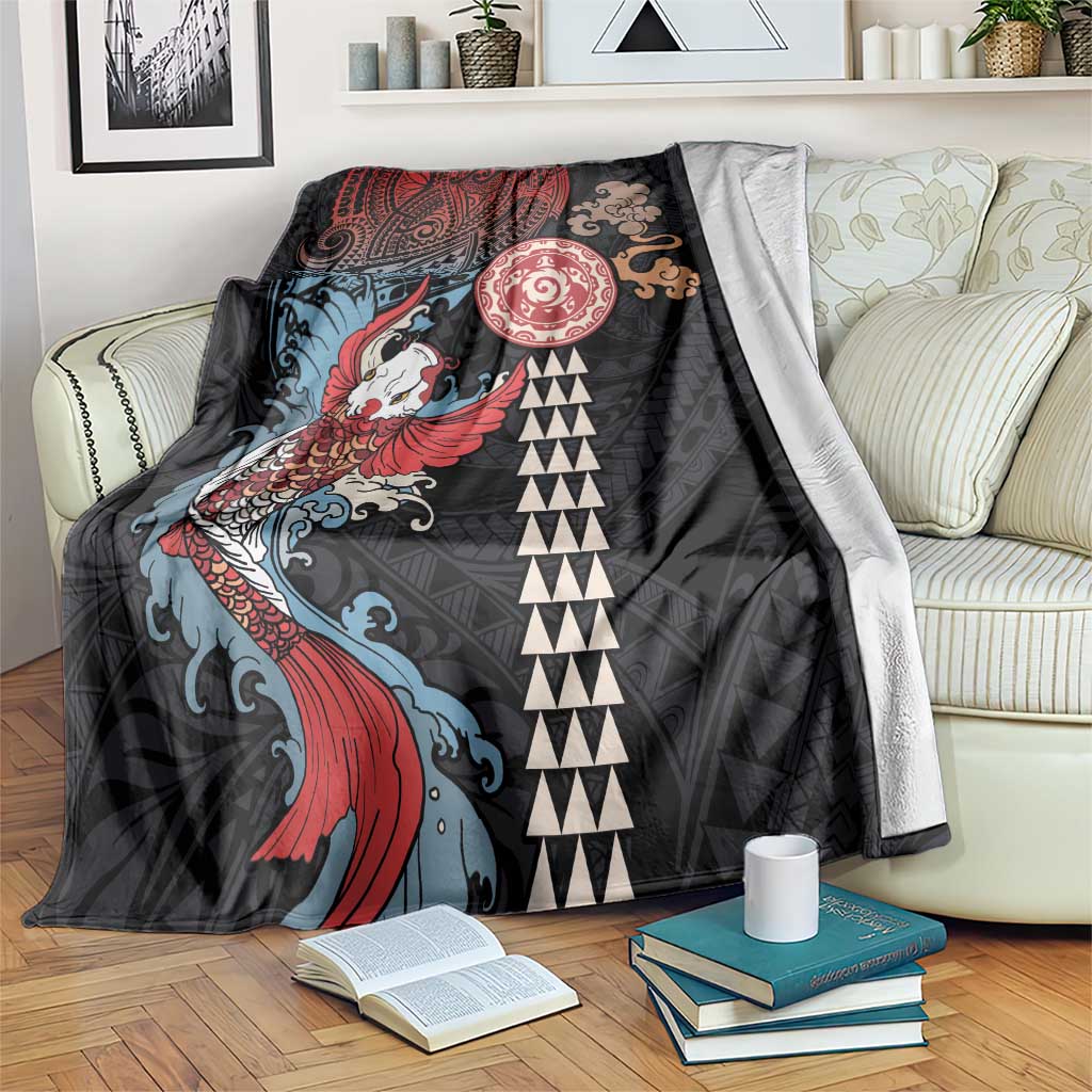 Hawaii and Japanese Together Blanket Koi Fish and Kakau Pattern LT03 Black - Polynesian Pride