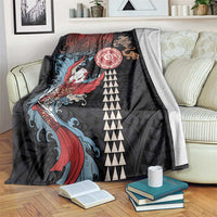 Hawaii and Japanese Together Blanket Koi Fish and Kakau Pattern LT03 Black - Polynesian Pride