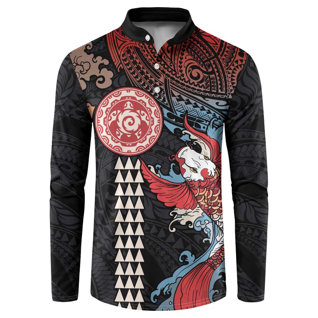Hawaii and Japanese Together Button Sweatshirt Koi Fish and Kakau Pattern LT03 Black - Polynesian Pride