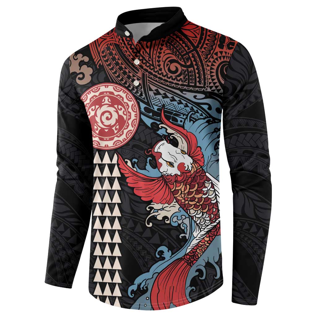 Hawaii and Japanese Together Button Sweatshirt Koi Fish and Kakau Pattern LT03 - Polynesian Pride