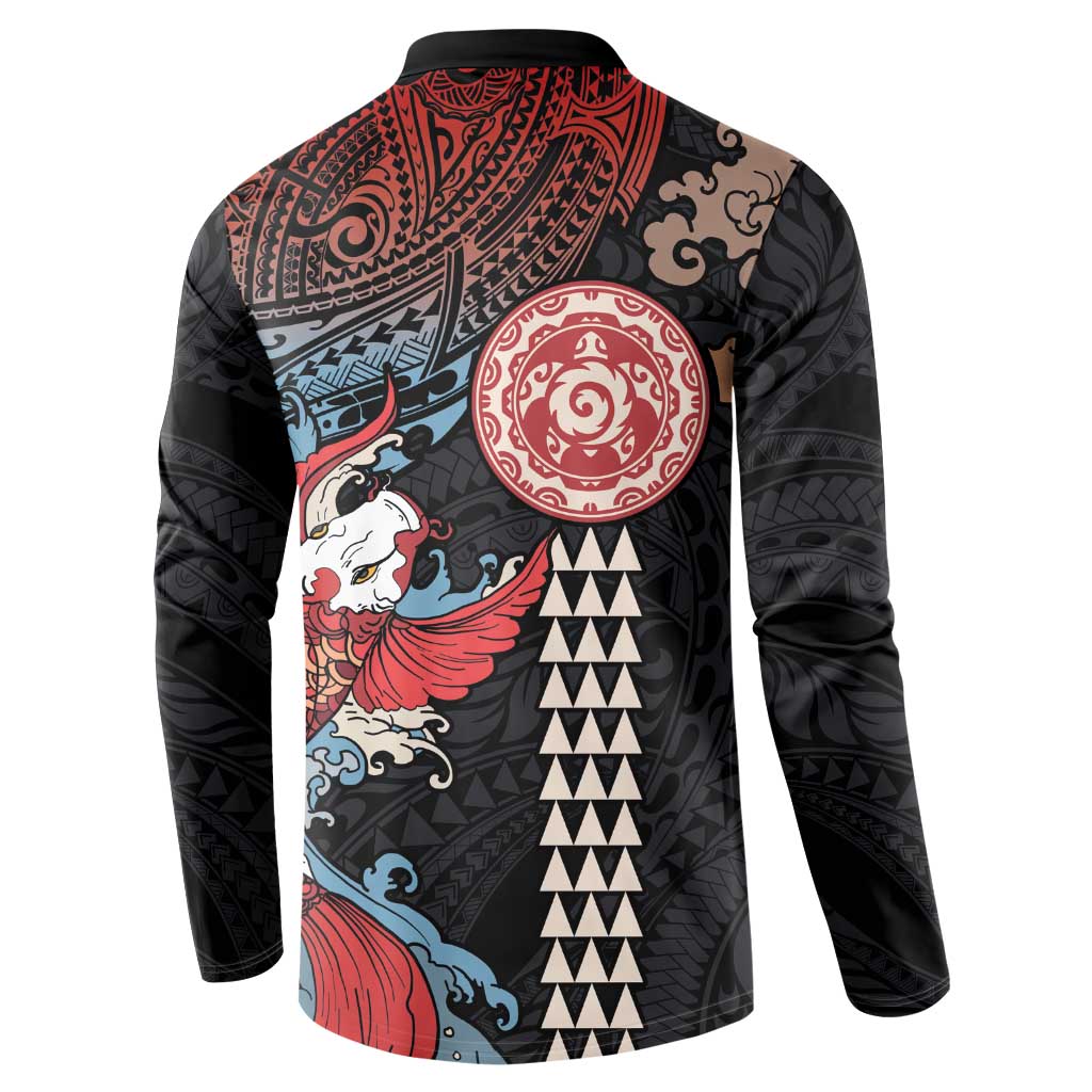 Hawaii and Japanese Together Button Sweatshirt Koi Fish and Kakau Pattern LT03 - Polynesian Pride