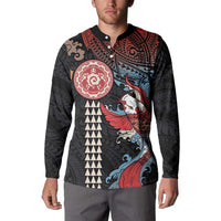 Hawaii and Japanese Together Button Sweatshirt Koi Fish and Kakau Pattern LT03 - Polynesian Pride