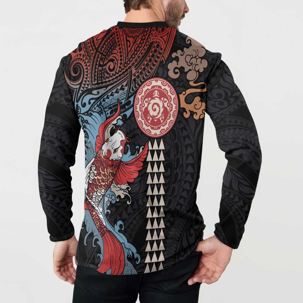 Hawaii and Japanese Together Button Sweatshirt Koi Fish and Kakau Pattern LT03 - Polynesian Pride