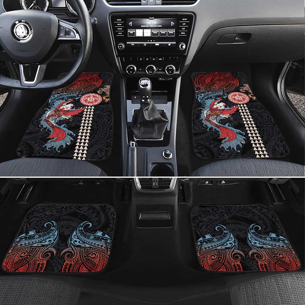 Hawaii and Japanese Together Car Mats Koi Fish and Kakau Pattern LT03 Set 4pcs Black - Polynesian Pride
