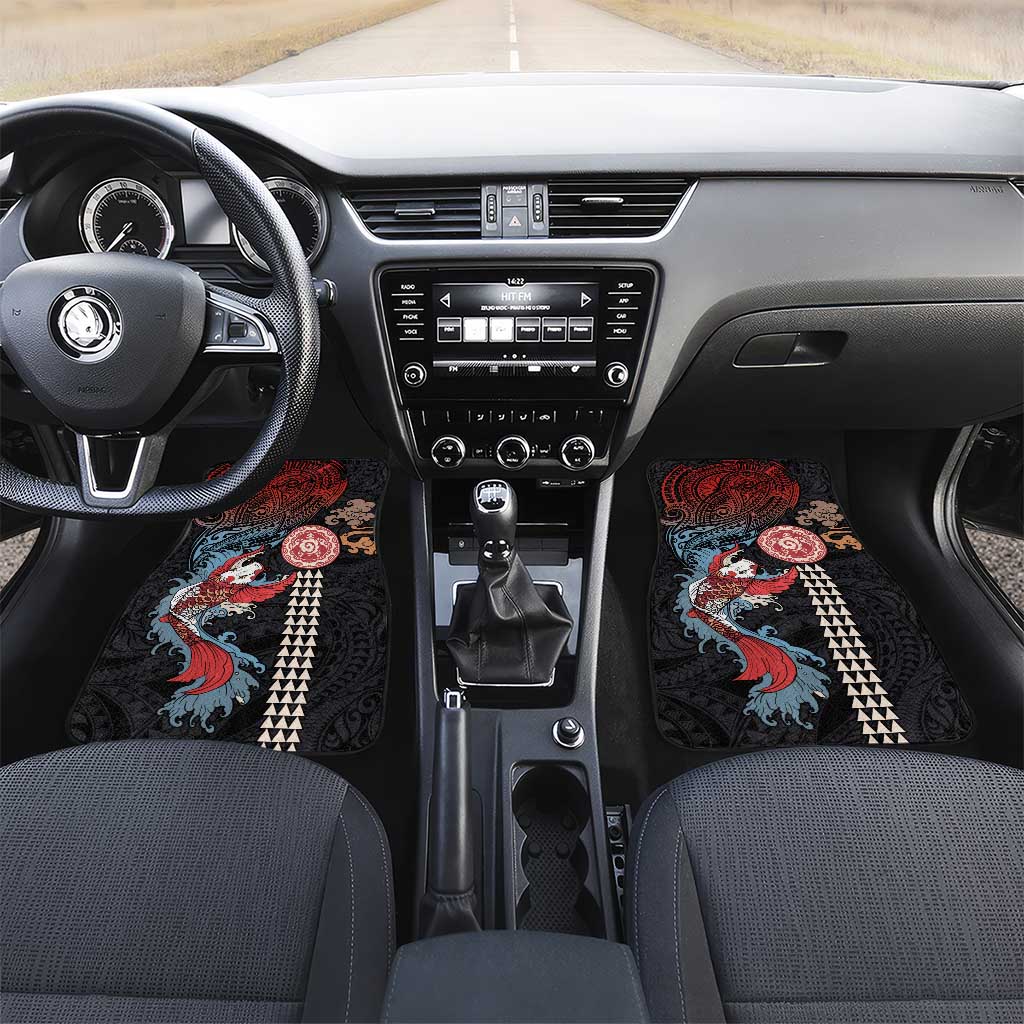 Hawaii and Japanese Together Car Mats Koi Fish and Kakau Pattern LT03 Set 2pcs - Front Black - Polynesian Pride