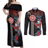 Hawaii and Japanese Together Couples Matching Off Shoulder Maxi Dress and Long Sleeve Button Shirt Koi Fish and Kakau Pattern LT03 Black - Polynesian Pride